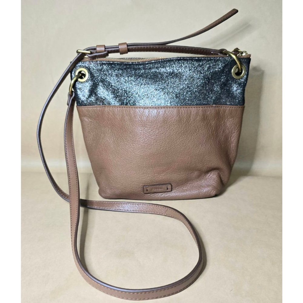 Fossil Leather Crossbody Bag Brown Metallic Trim Adjustable Strap Boho Casual